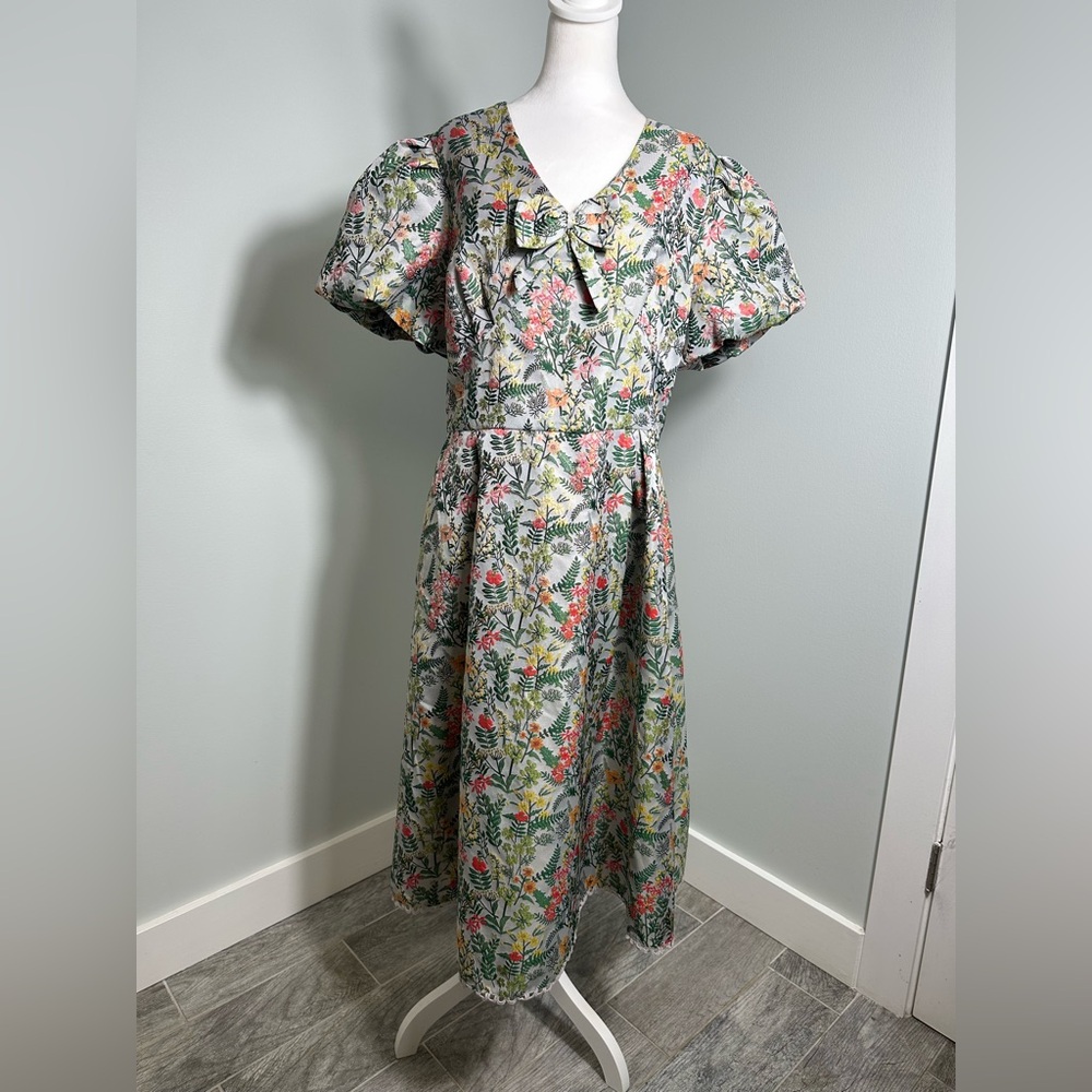 NEW Ivy City Co  Avalon  Floral Brocade Midii Puff Sleeve Bow  Dress Sz 16 - Picture 3 of 17